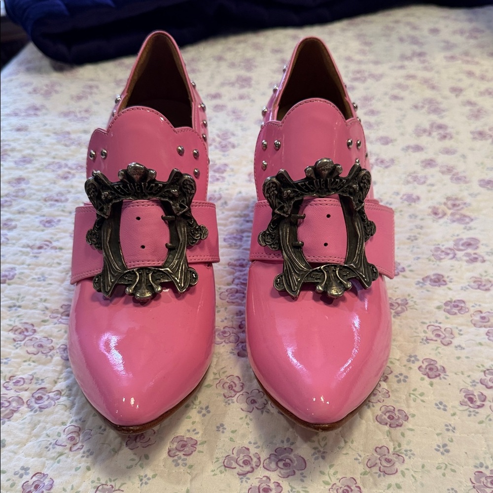John Fluevog Pink Patent Pointed Loafers with Ornate Buckle